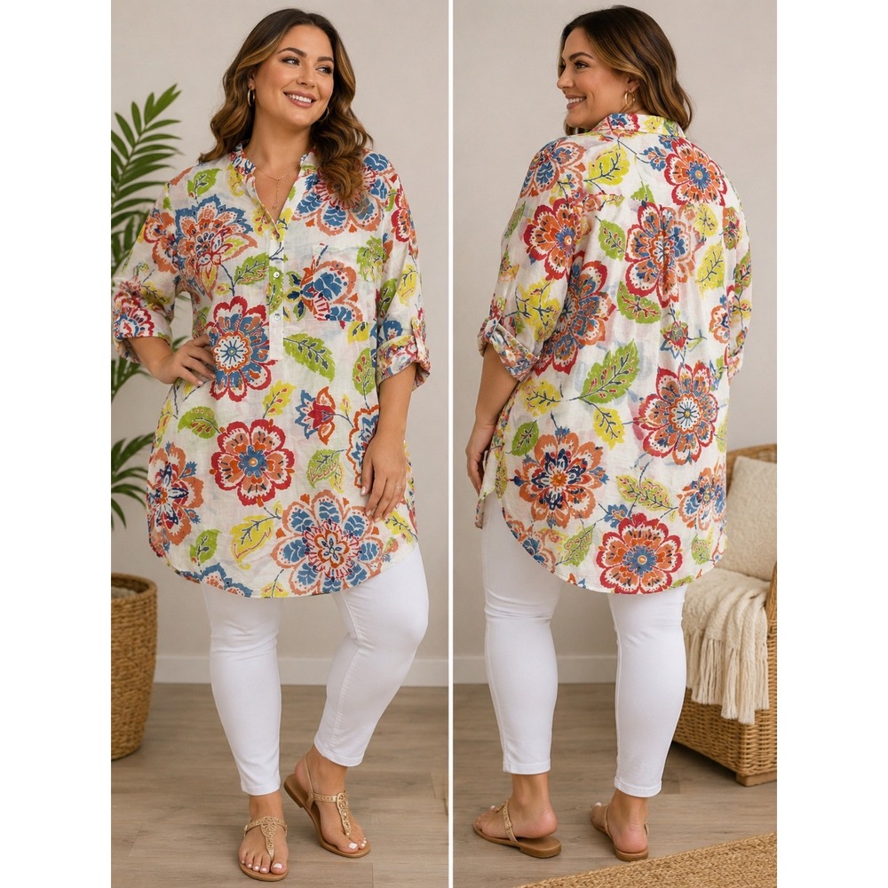 KikiSol 100% Cotton Floral Tunic Cover Up XXL Boho Beach Swim Coverup